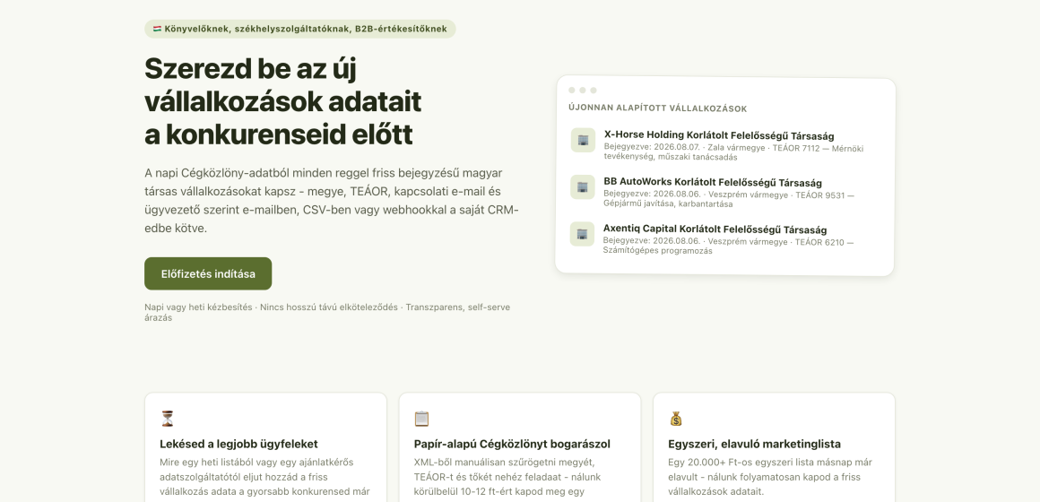Újcégek: automatizált leadforrás a frissen bejegyzett magyar cégekhez