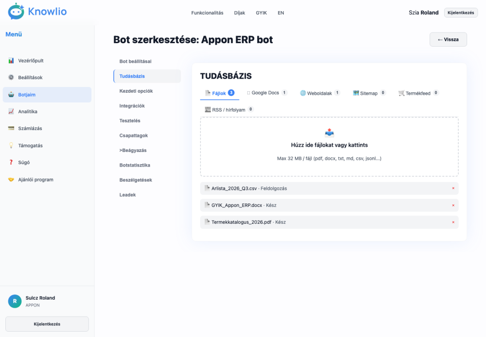 Knowlio chatbot tudásbázis