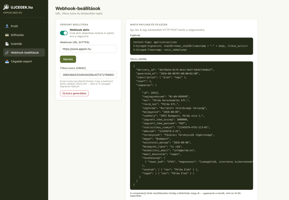 uj cégek webhook beállítások